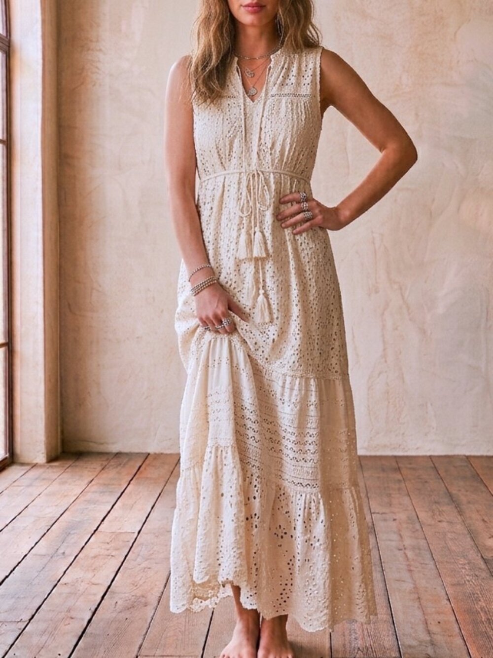 Allison Estelle Cream Eyelet Maxi Dress Small Cotton NWT Belted Boho Embroidered